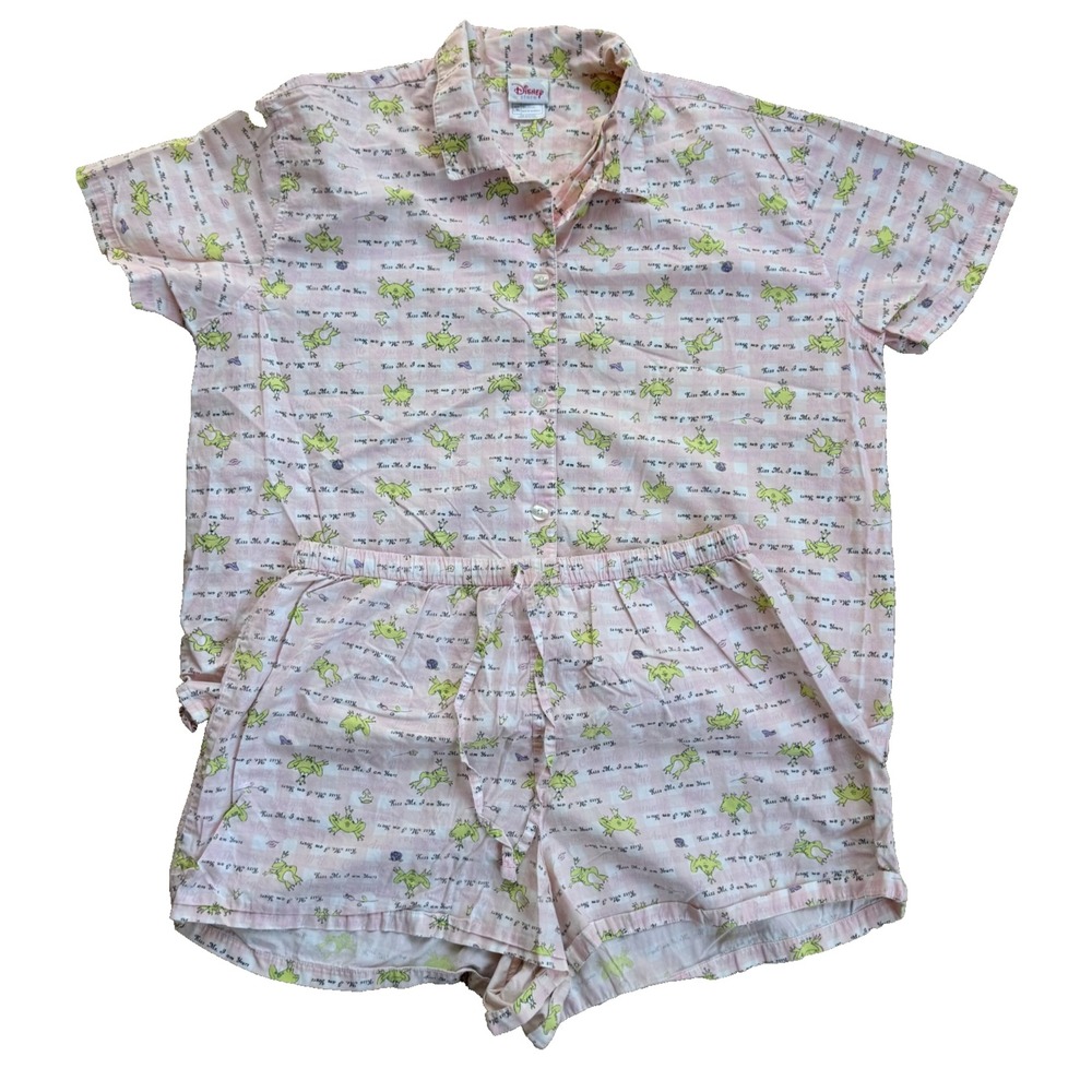 Vintage Disney Store Frog Prince Pajamas Pink Gingham Cotton Set L/XL Y2K